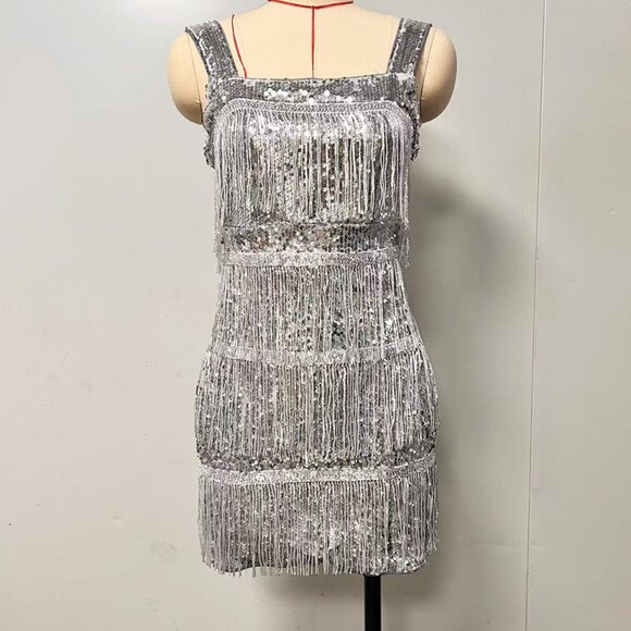 silver Fringe Trim Sequin Cami Mini Dress - Picture 2 of 4